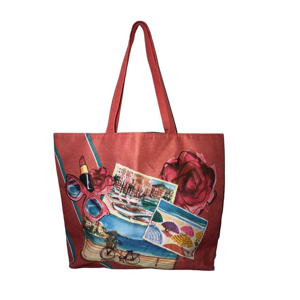 Lancome Paris French Riviera Beach Bag Tote Fabric Coral Postcards Summer